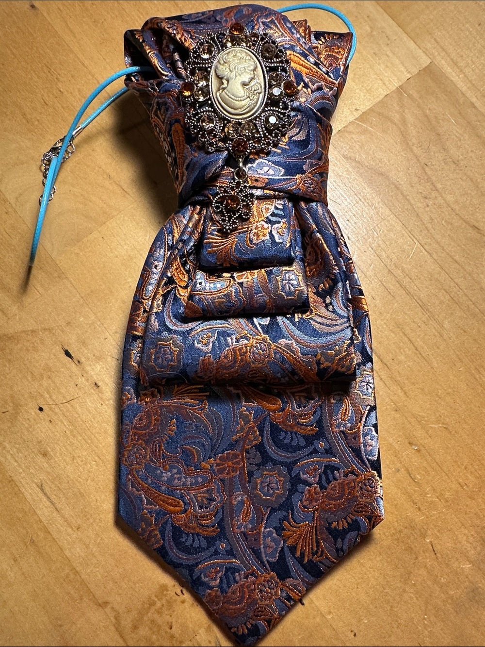 Silk Paisley Necklace Tie in Blue and Copper with Cameo Brooch